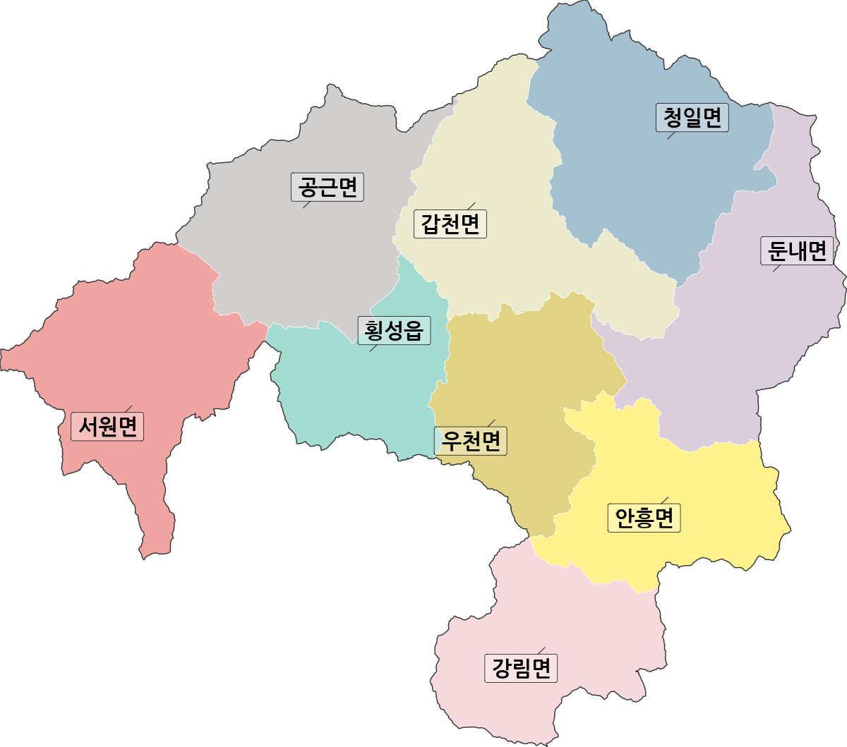강원특별자치도 횡성군 행정동 행정구역 경계 지도