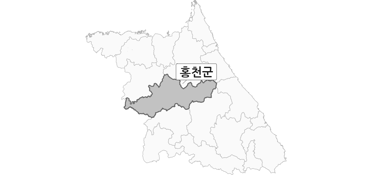 강원특별자치도 범위 내 홍천군 행정구역 경계 지도
