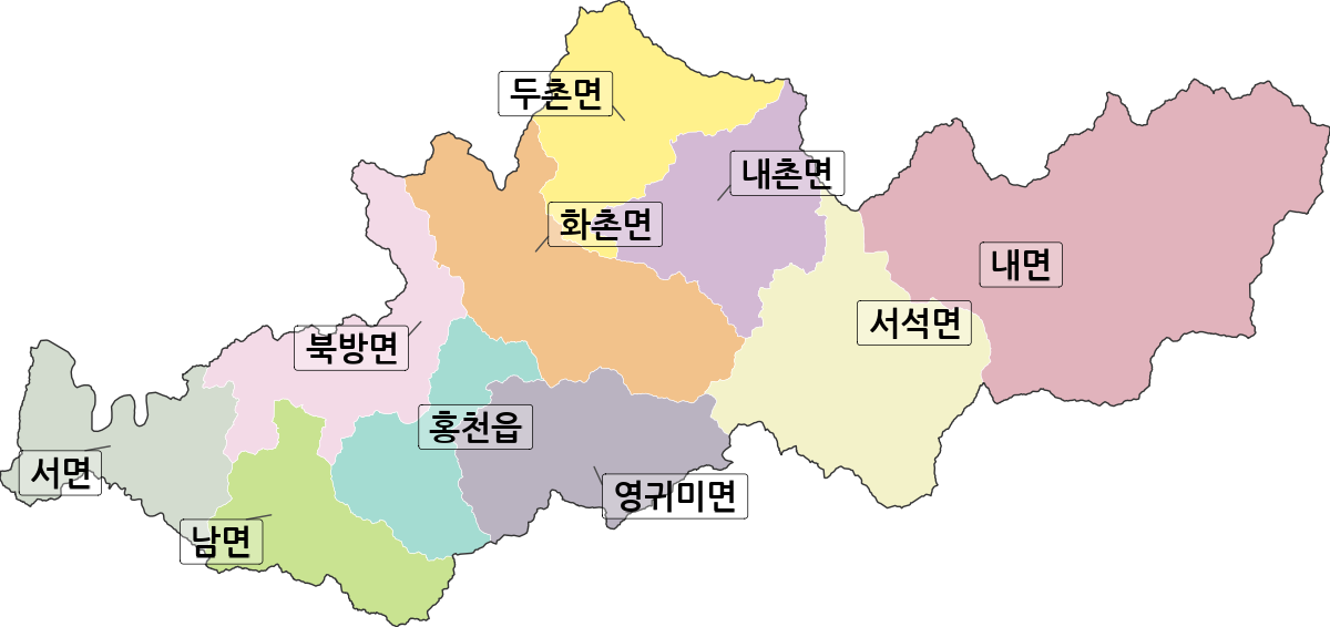 강원특별자치도 홍천군 행정동 행정구역 경계 지도