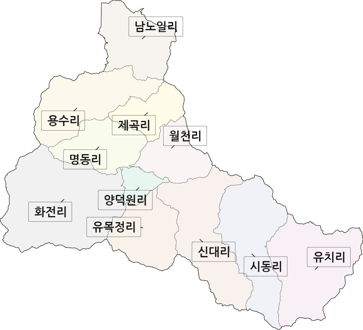강원특별자치도 홍천군 남면 법정동 리 구분 행정구역 경계 지도
