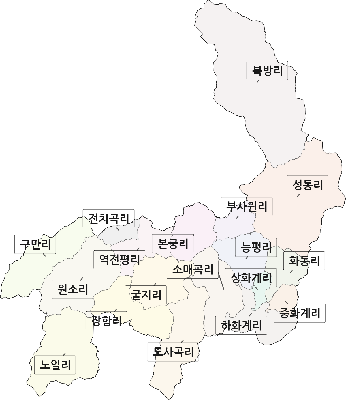 강원특별자치도 홍천군 북방면 법정동 리 구분 행정구역 경계 지도