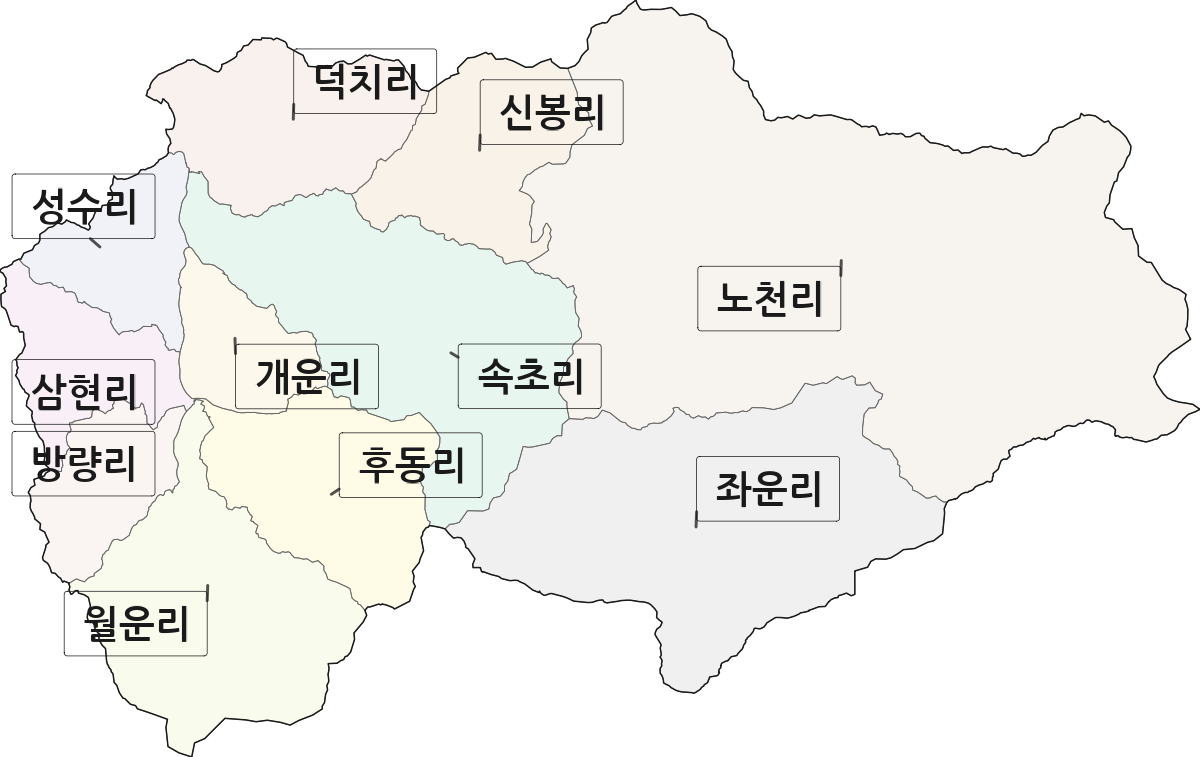 강원특별자치도 홍천군 영귀미면 법정동 리 구분 행정구역 경계 지도