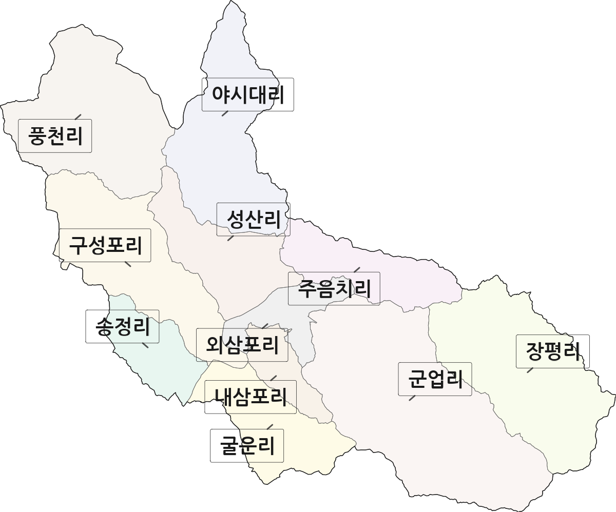 강원특별자치도 홍천군 화촌면 법정동 리 구분 행정구역 경계 지도