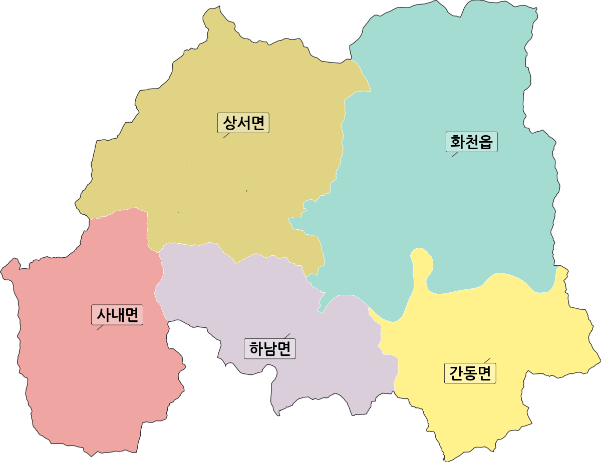 강원특별자치도 화천군 행정동 행정구역 경계 지도