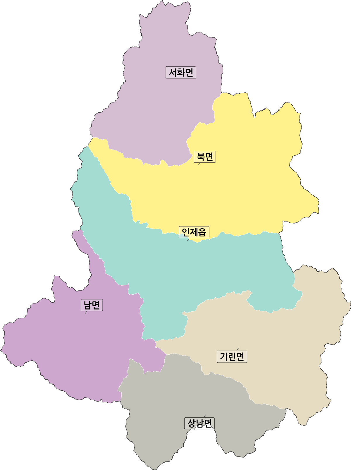 강원특별자치도 인제군 법정동 행정구역 경계 지도