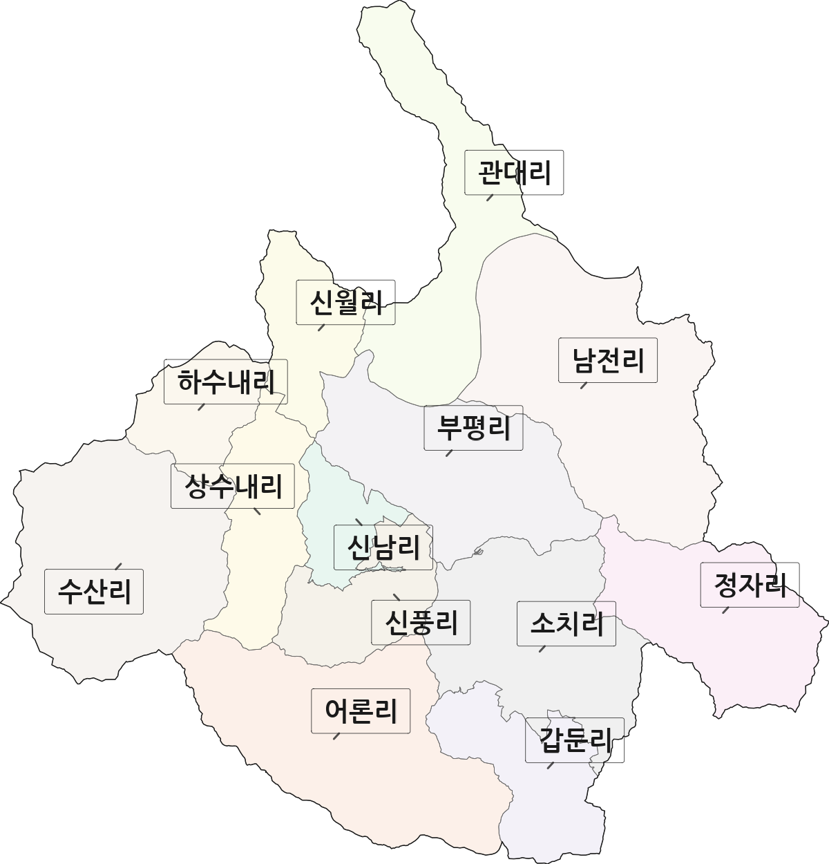 강원특별자치도 인제군 남면 법정동 리 구분 행정구역 경계 지도
