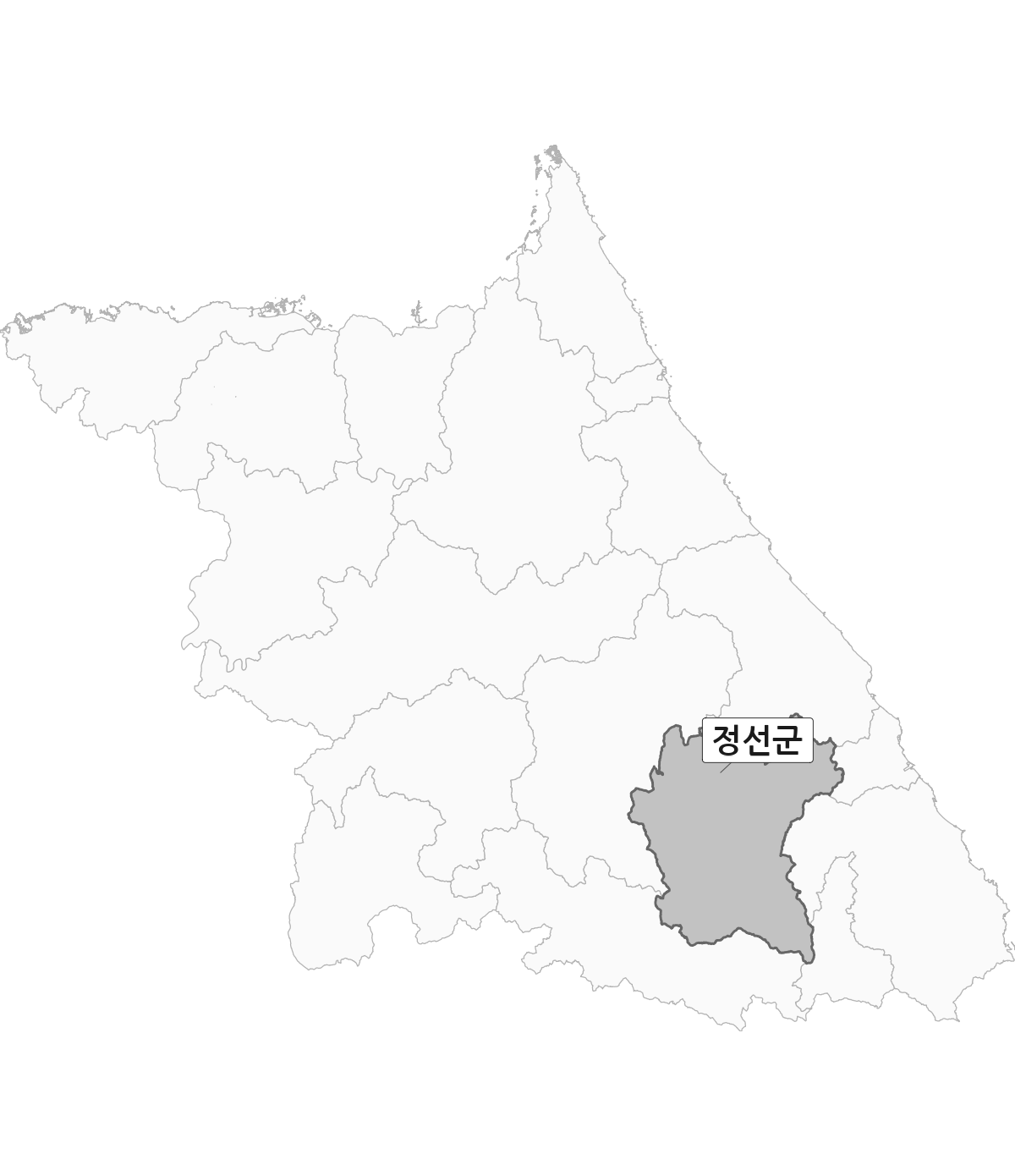 강원특별자치도 범위 내 정선군 행정구역 경계 지도