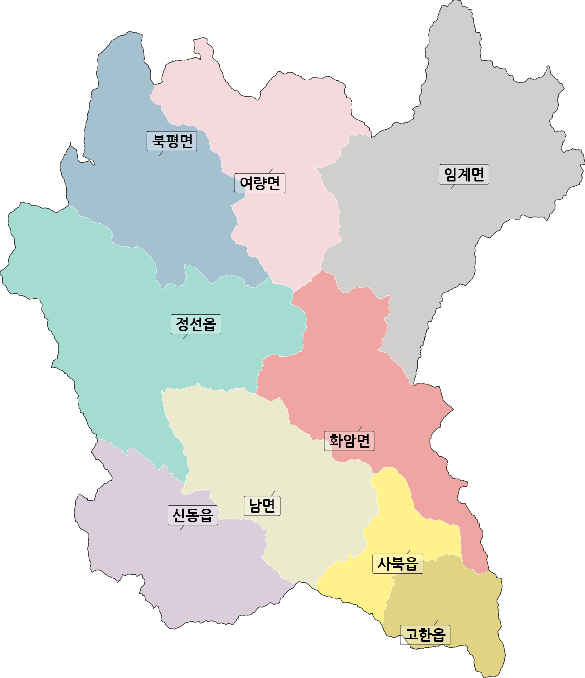 강원특별자치도 정선군 법정동 행정구역 경계 지도