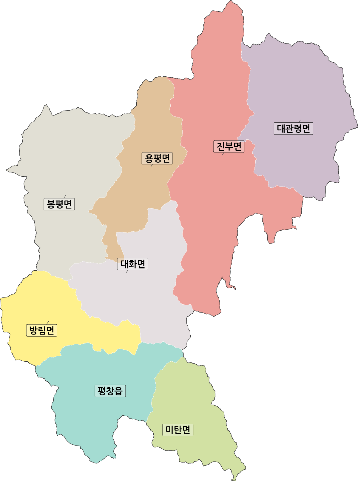 강원특별자치도 평창군 행정동 행정구역 경계 지도