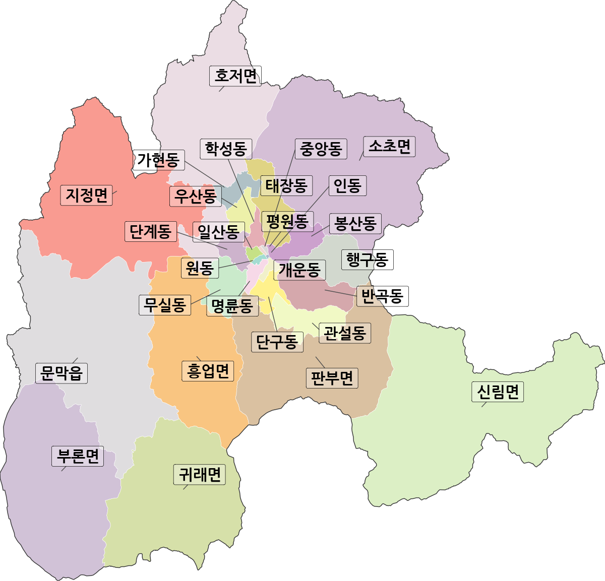 강원특별자치도 원주시 법정동 행정구역 경계 지도