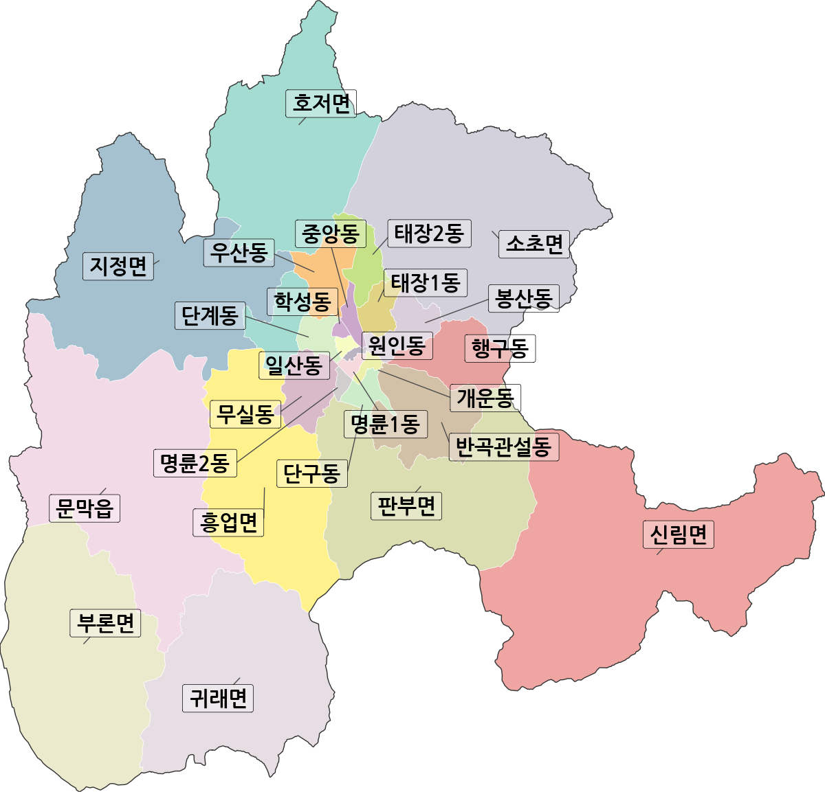 강원특별자치도 원주시 행정동 행정구역 경계 지도