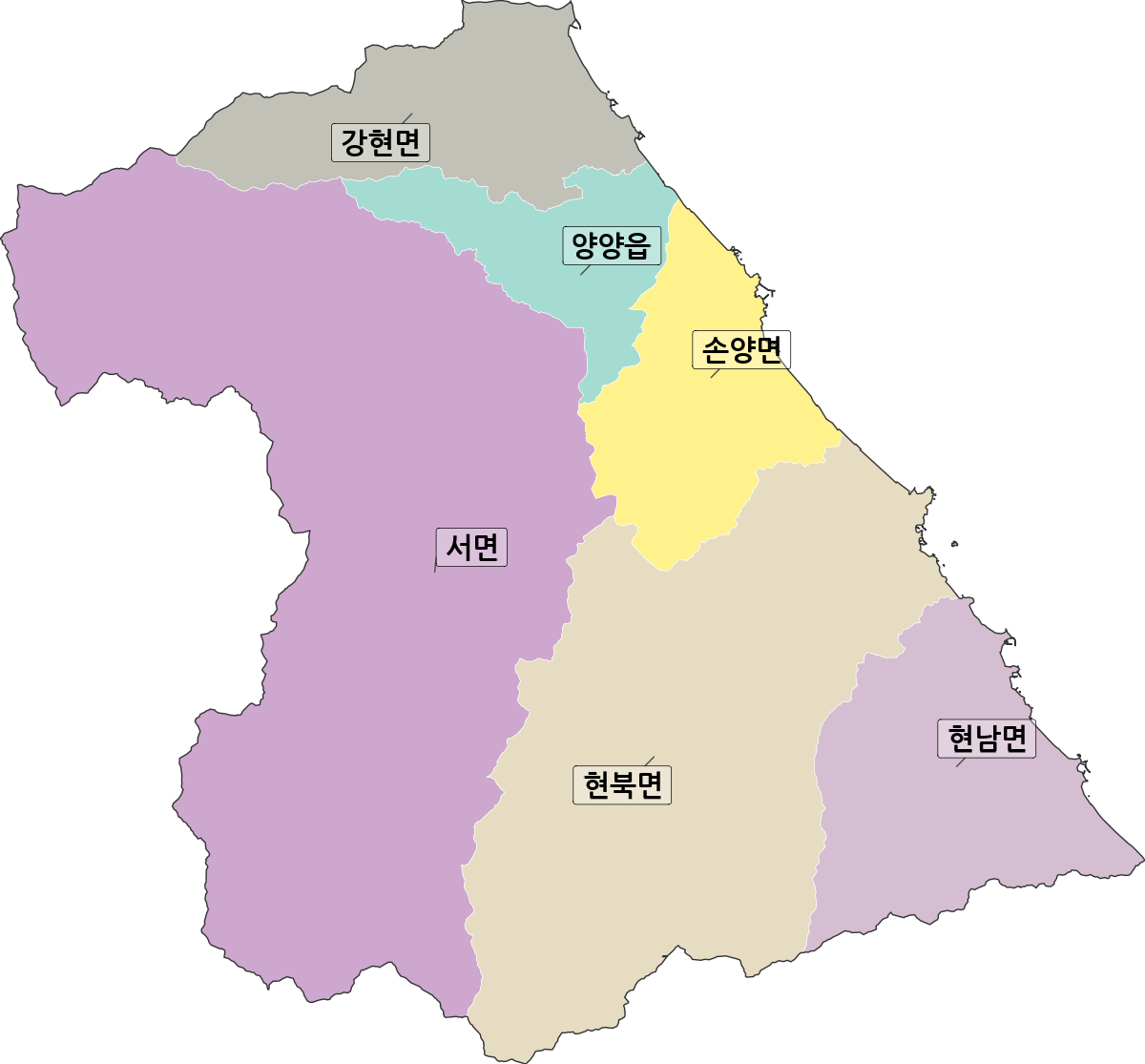 강원특별자치도 양양군 법정동 행정구역 경계 지도