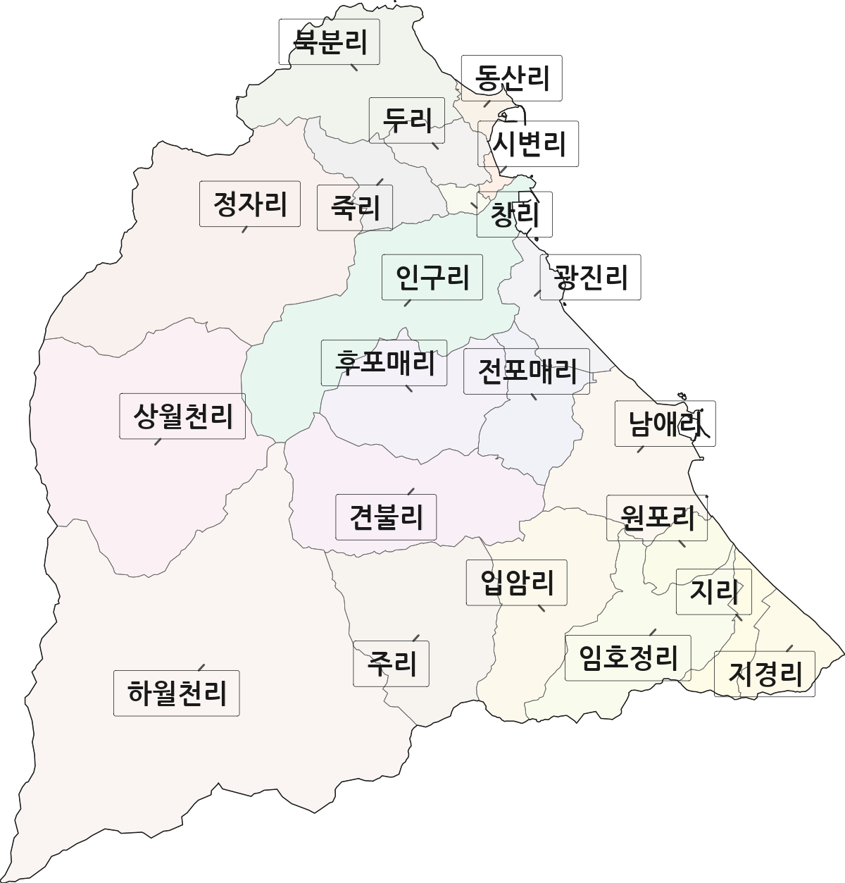 강원특별자치도 양양군 현남면 법정동 리 구분 행정구역 경계 지도