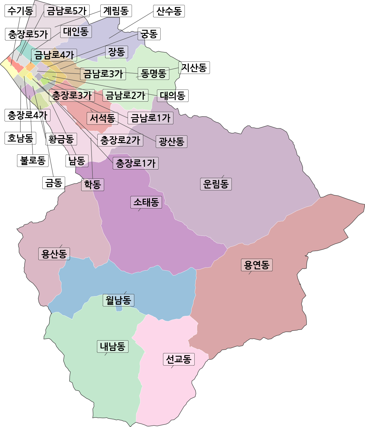 광주광역시 동구 법정동 행정구역 경계 지도