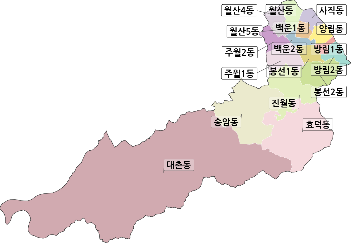 광주광역시 남구 행정동 행정구역 경계 지도