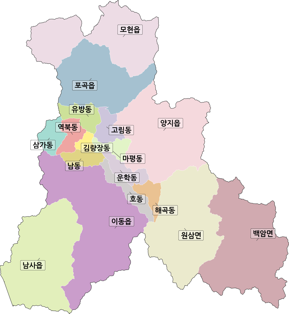 경기도 용인시 처인구 법정동 행정구역 경계 지도