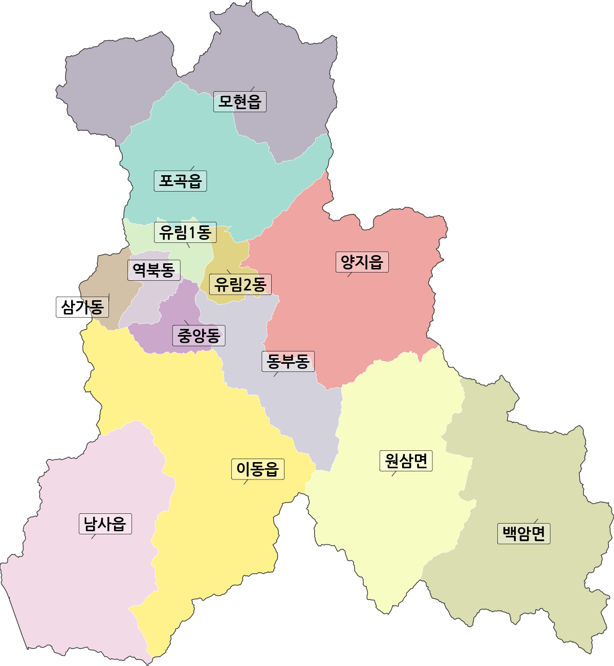 경기도 용인시 처인구 행정동 행정구역 경계 지도