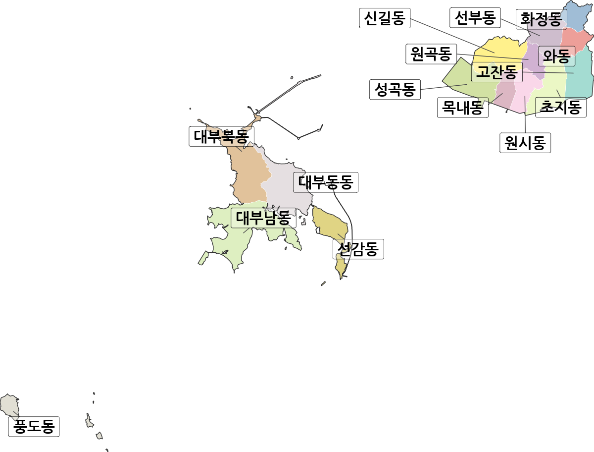 경기도 안산시 단원구 법정동 행정구역 경계 지도