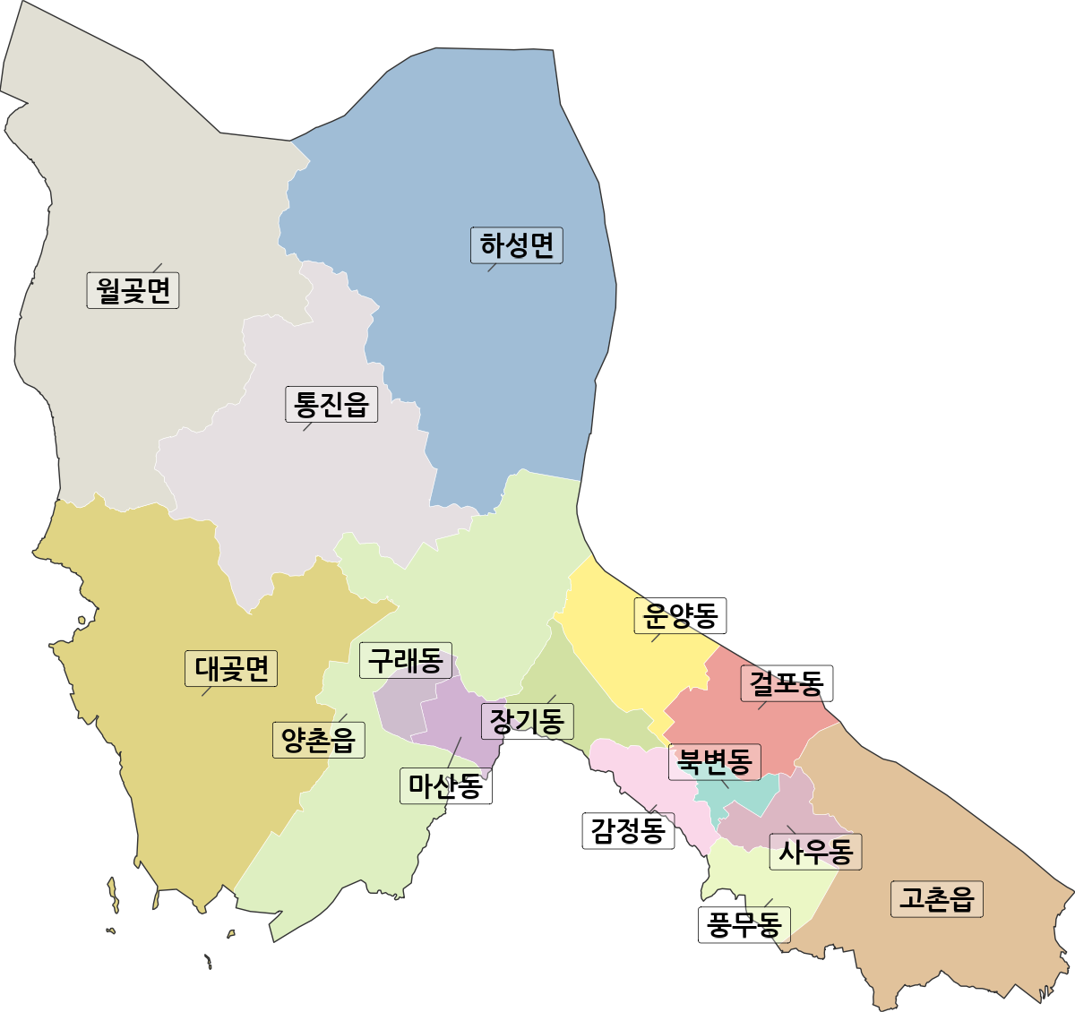 경기도 김포시 법정동 행정구역 경계 지도