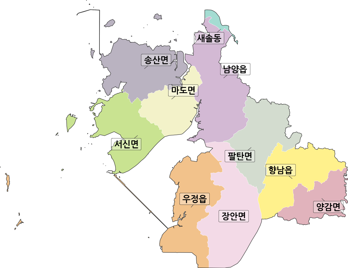 경기도 화성시 만세구 법정동 행정구역 경계 지도