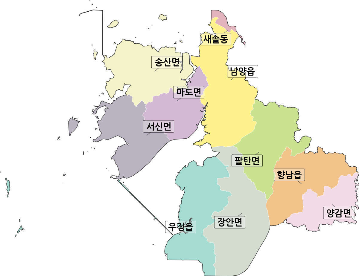 경기도 화성시 만세구 행정동 행정구역 경계 지도