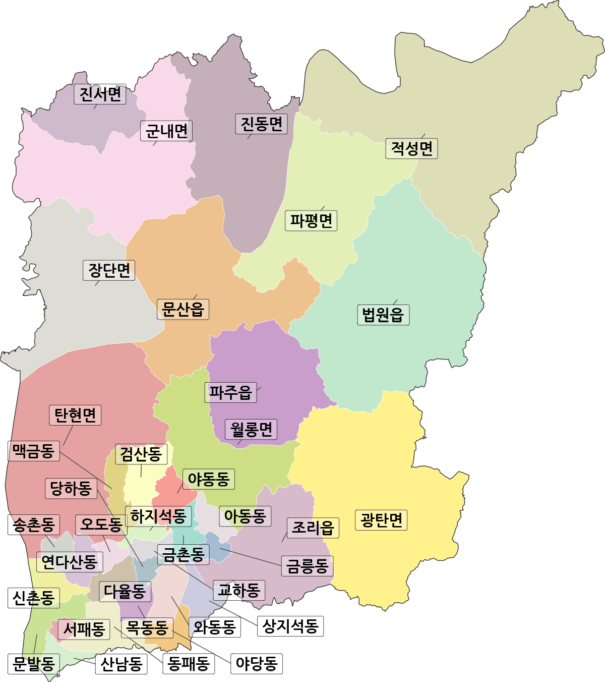 경기도 파주시 법정동 행정구역 경계 지도