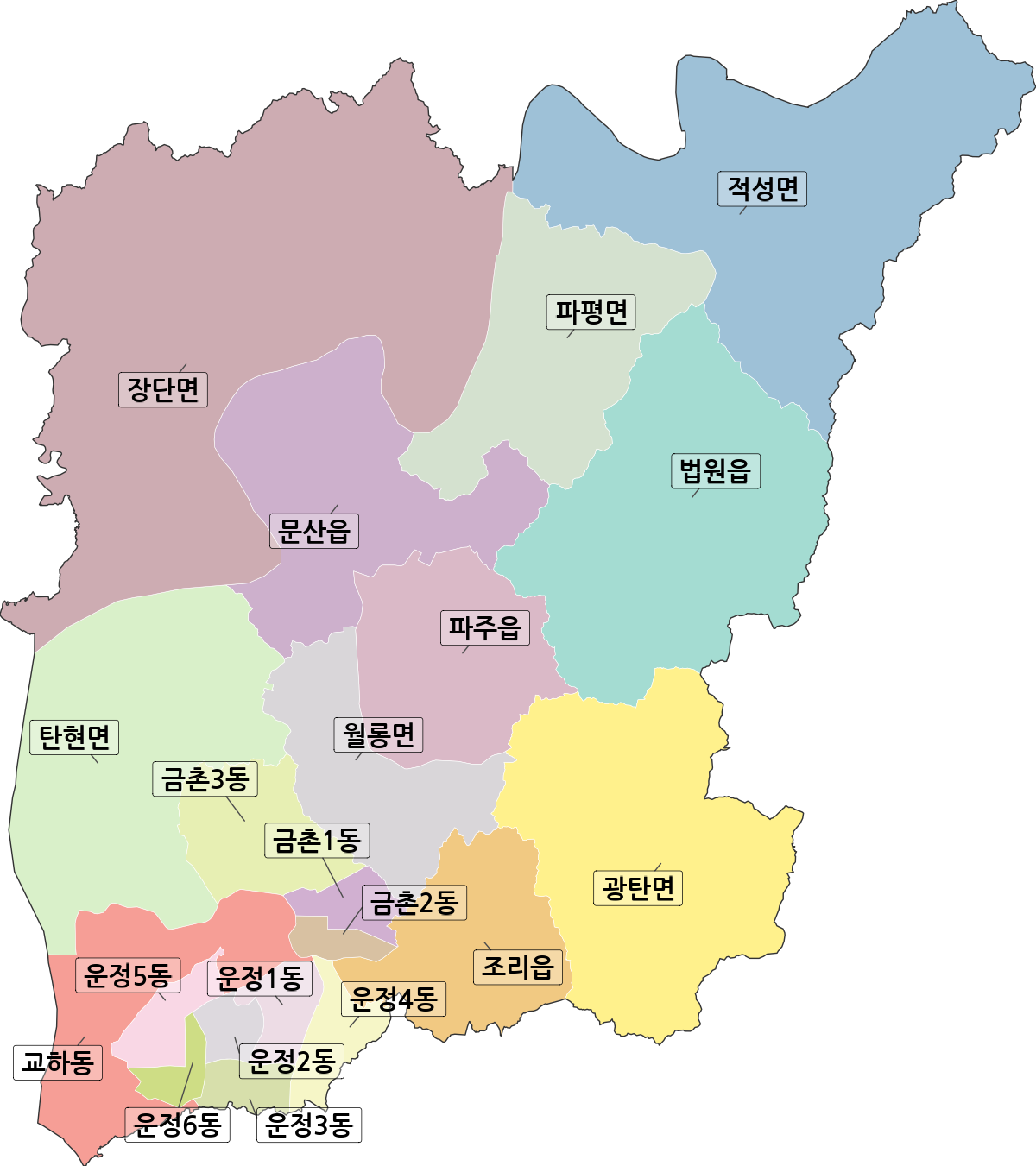 경기도 파주시 행정동 행정구역 경계 지도