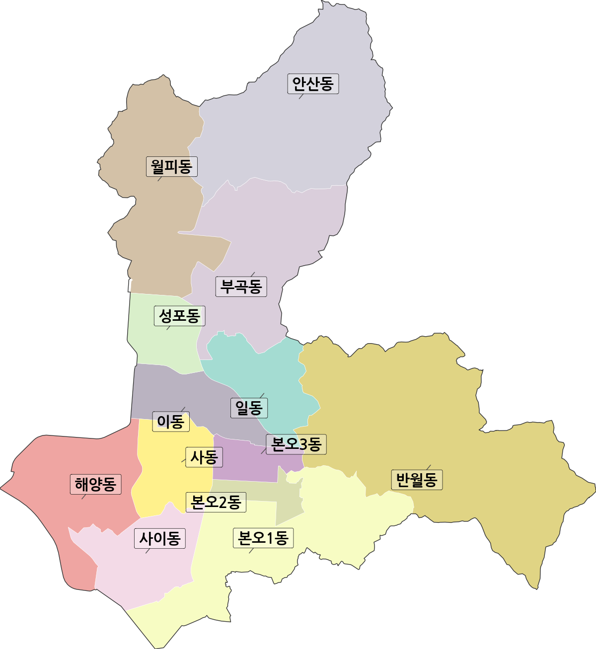 경기도 안산시 상록구 행정동 행정구역 경계 지도