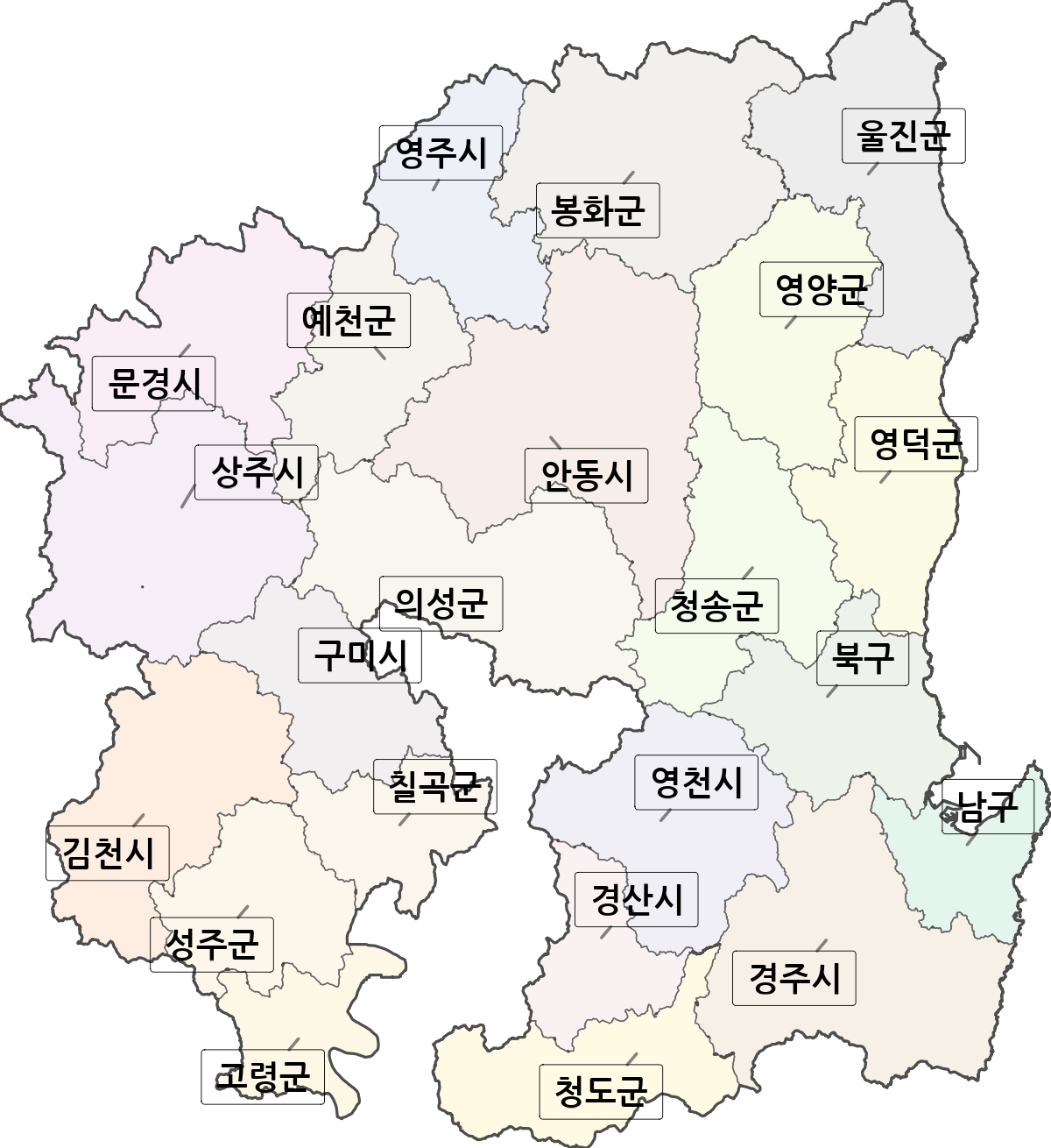 경상북도 행정구역 경계 지도 울릉군 제외 버전