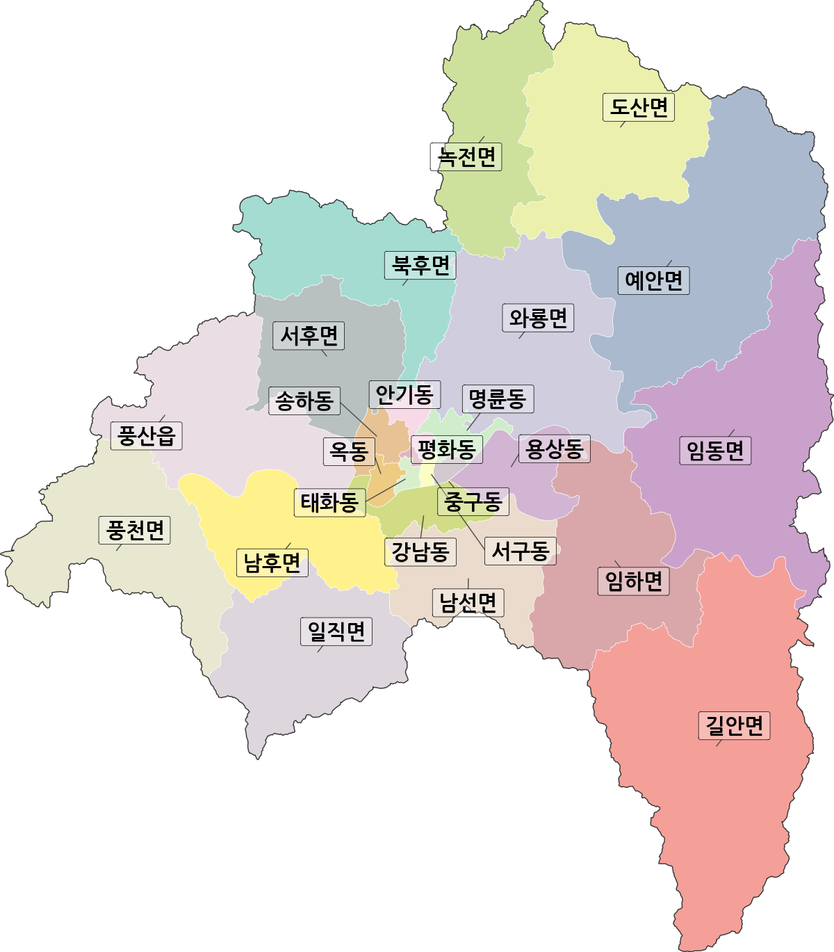 경상북도 안동시 행정동 행정구역 경계 지도