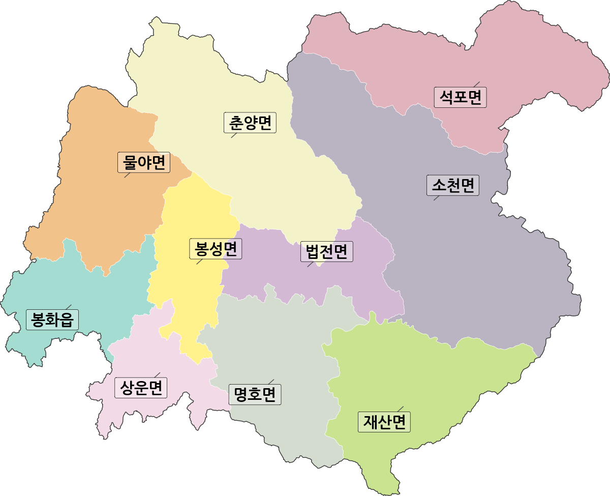 경상북도 봉화군 행정동 행정구역 경계 지도