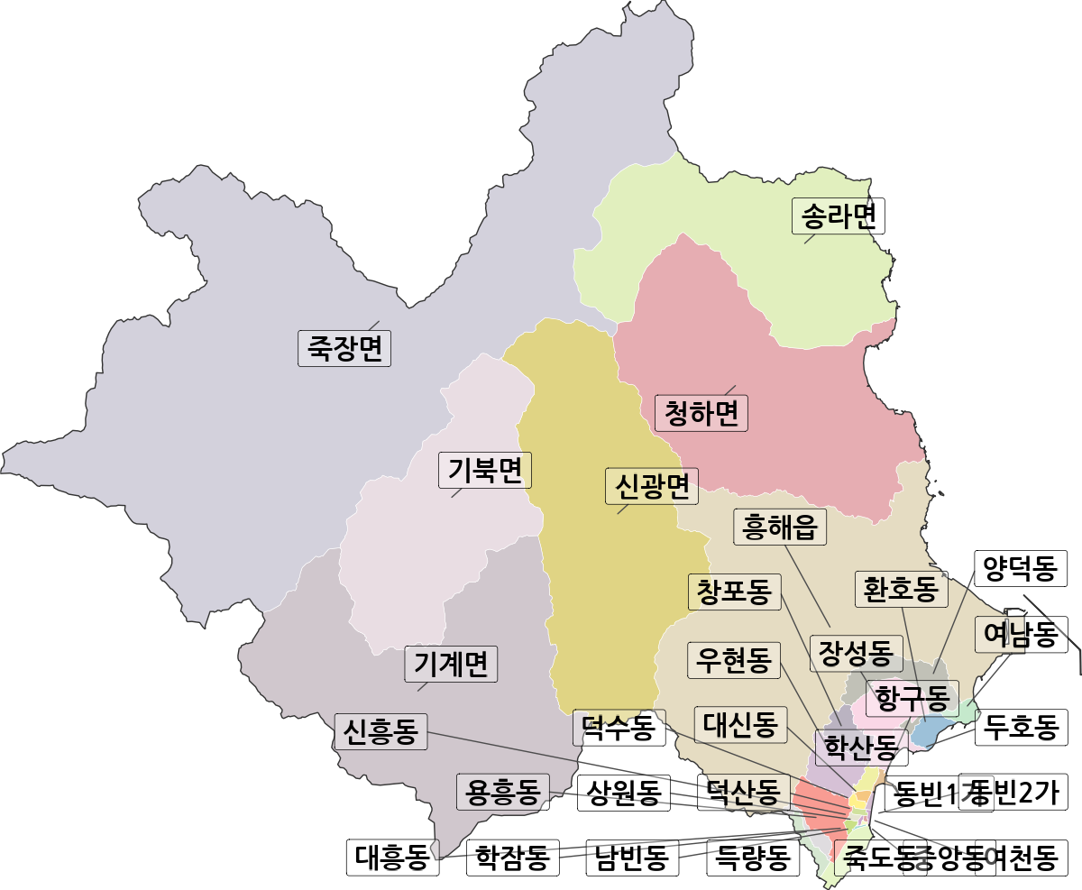경상북도 포항시 북구 법정동 행정구역 경계 지도