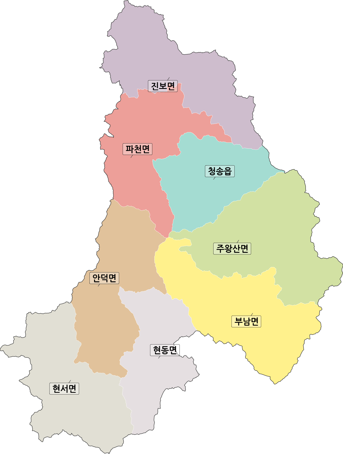 경상북도 청송군 행정동 행정구역 경계 지도
