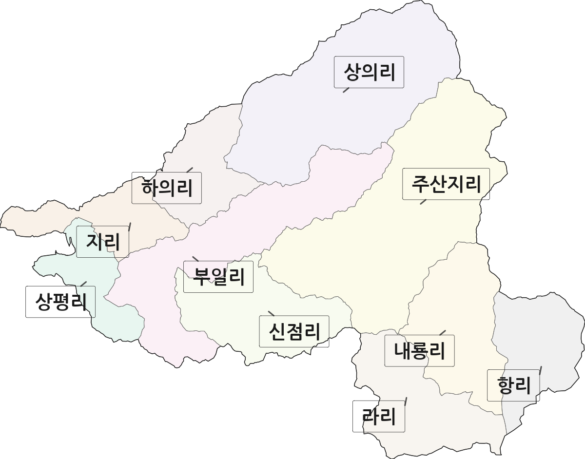 경상북도 청송군 주왕산면 법정동 리 구분 행정구역 경계 지도