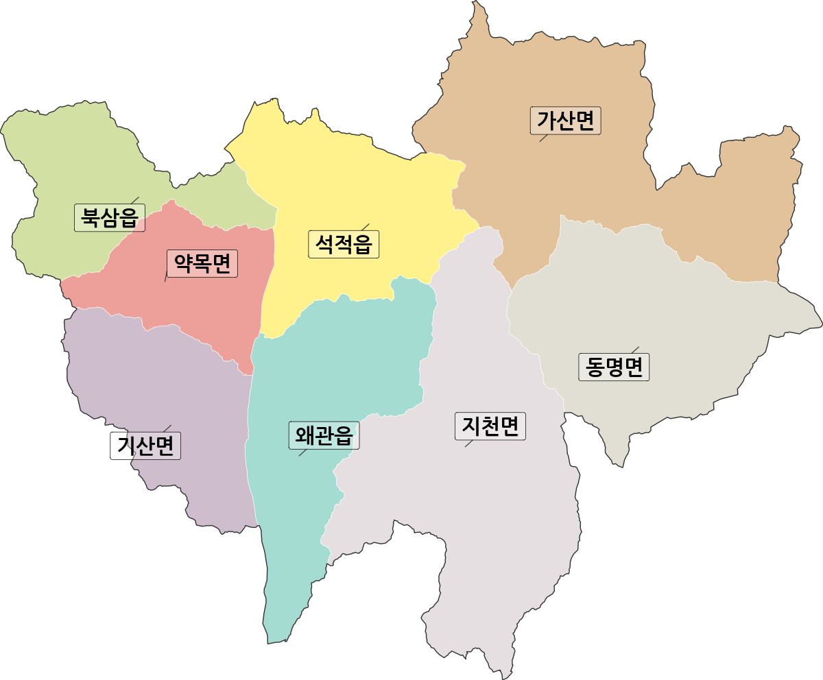 경상북도 칠곡군 법정동 행정구역 경계 지도
