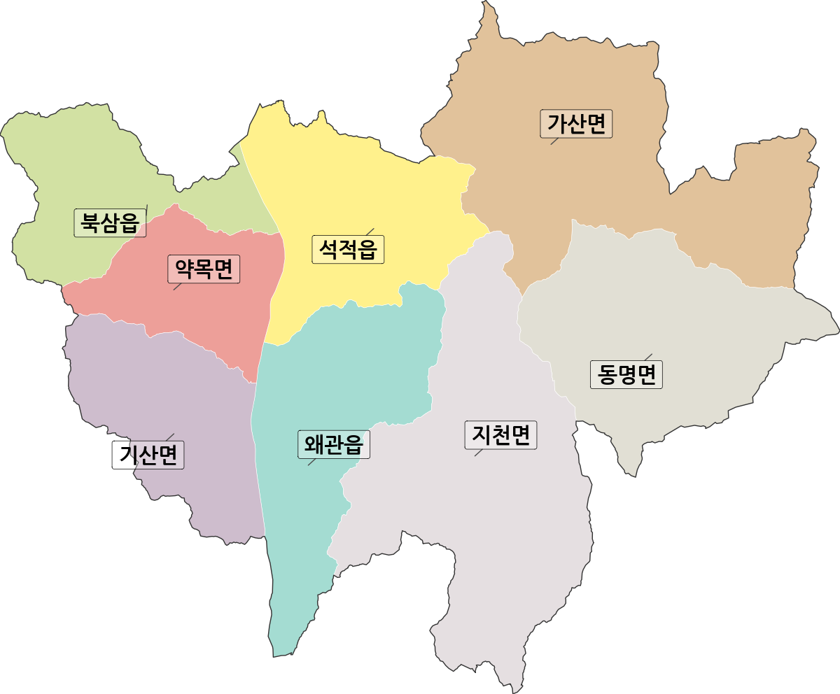 경상북도 칠곡군 행정동 행정구역 경계 지도