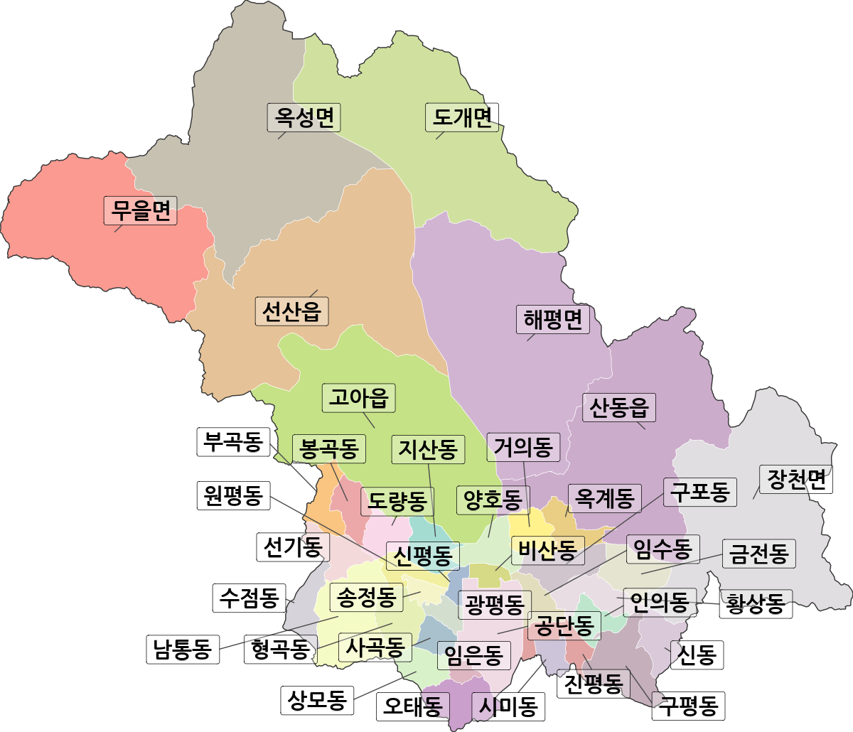 경상북도 구미시 법정동 행정구역 경계 지도