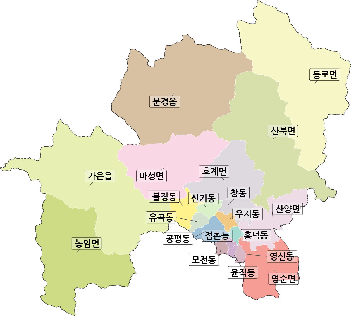 경상북도 문경시 법정동 행정구역 경계 지도
