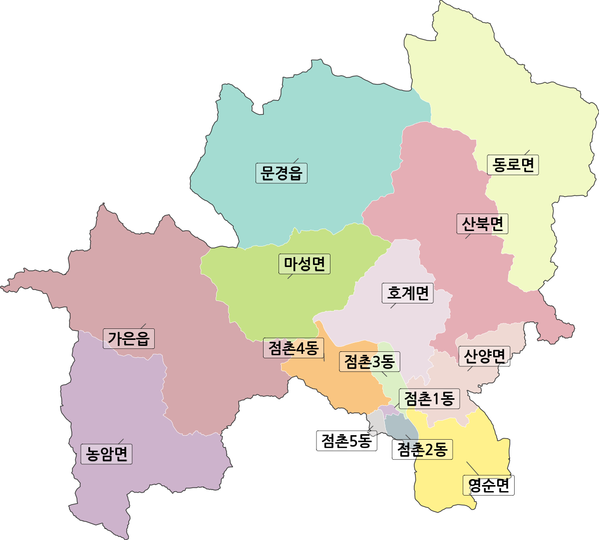 경상북도 문경시 행정동 행정구역 경계 지도