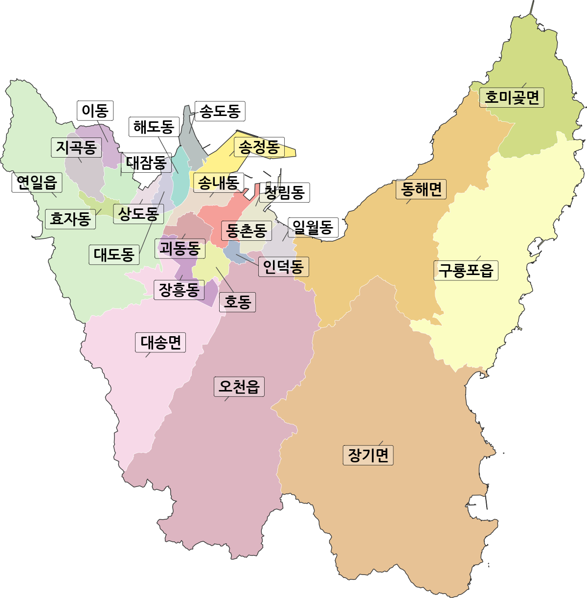 경상북도 포항시 남구 법정동 행정구역 경계 지도