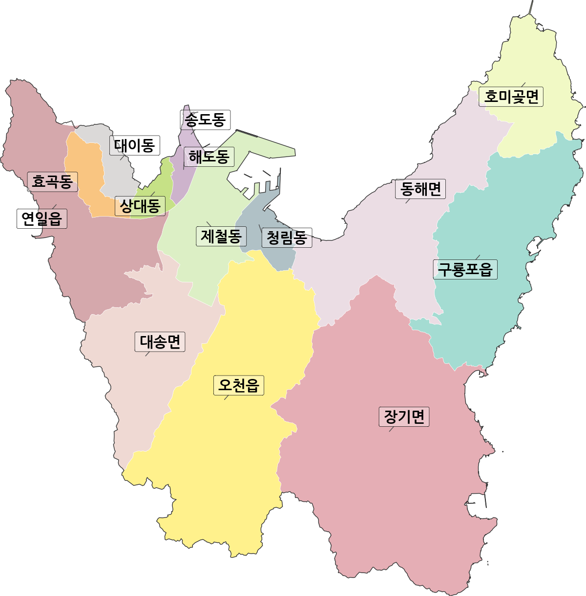 경상북도 포항시 남구 행정동 행정구역 경계 지도