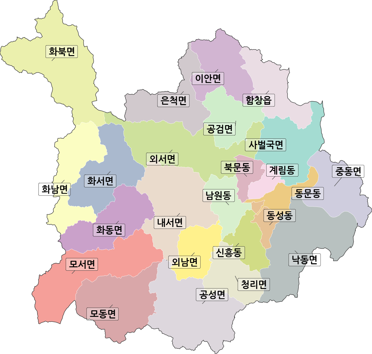 경상북도 상주시 행정동 행정구역 경계 지도