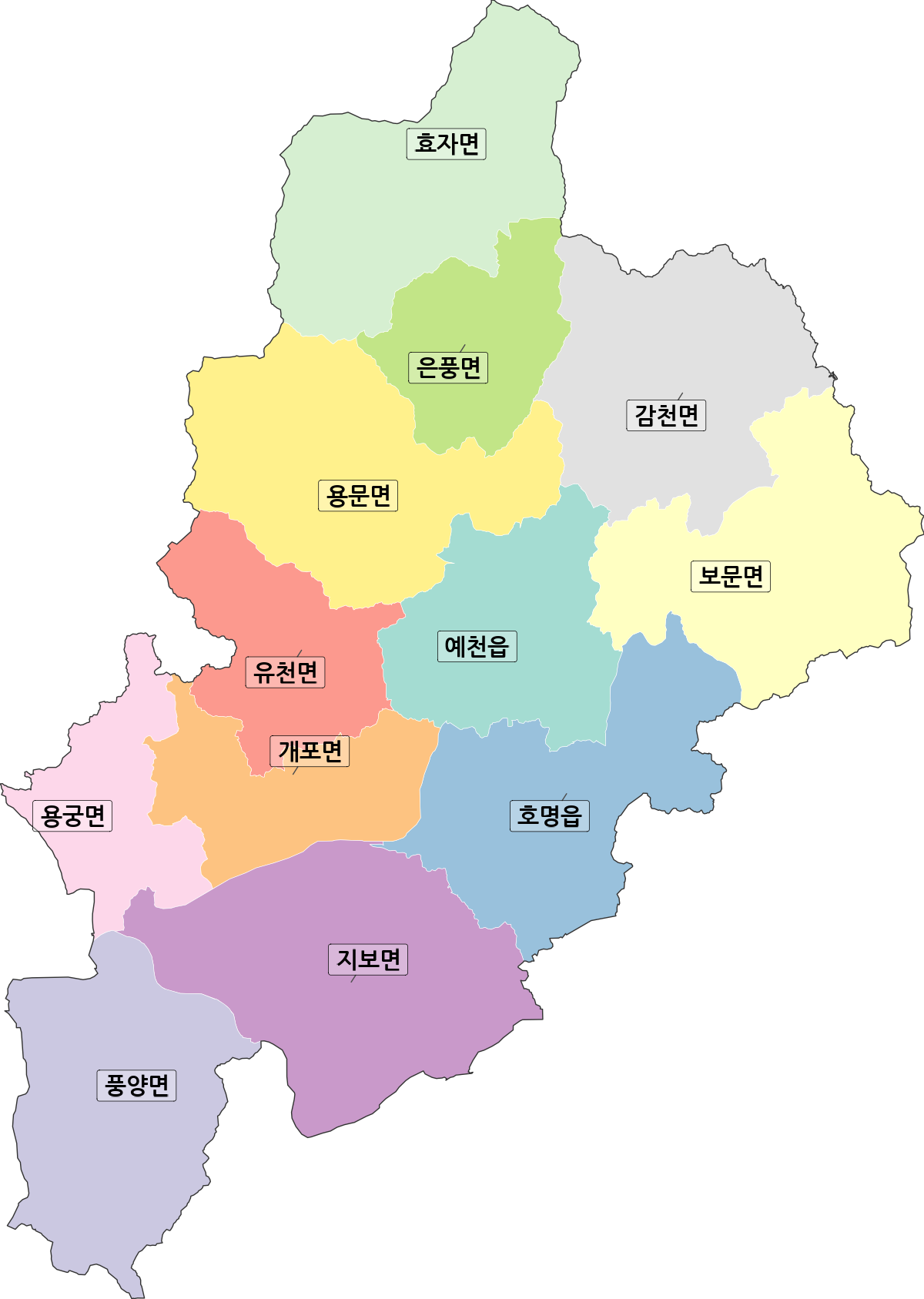 경상북도 예천군 법정동 행정구역 경계 지도