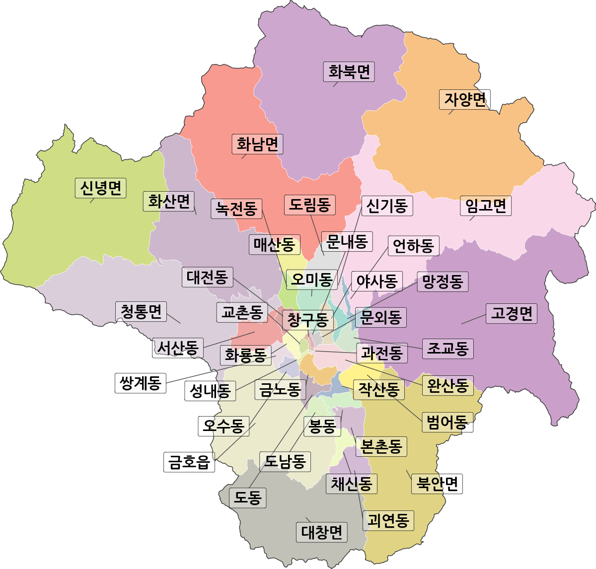 경상북도 영천시 법정동 행정구역 경계 지도
