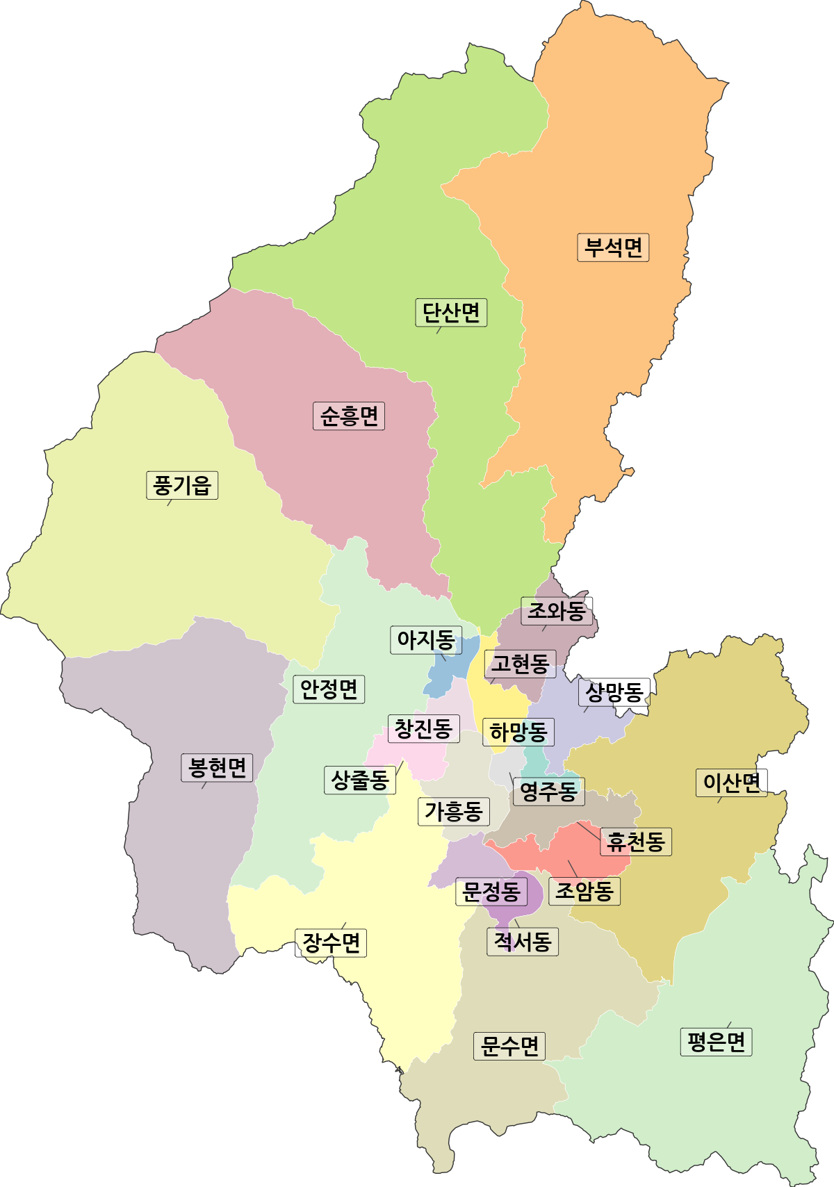 경상북도 영주시 법정동 행정구역 경계 지도