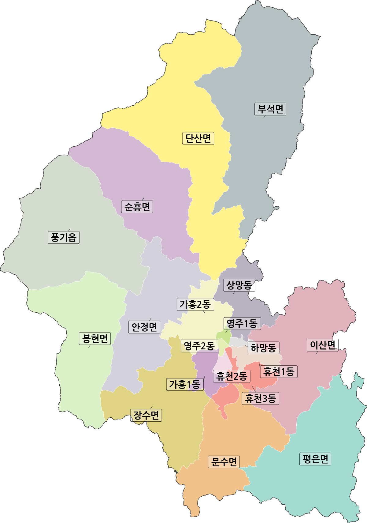 경상북도 영주시 행정동 행정구역 경계 지도