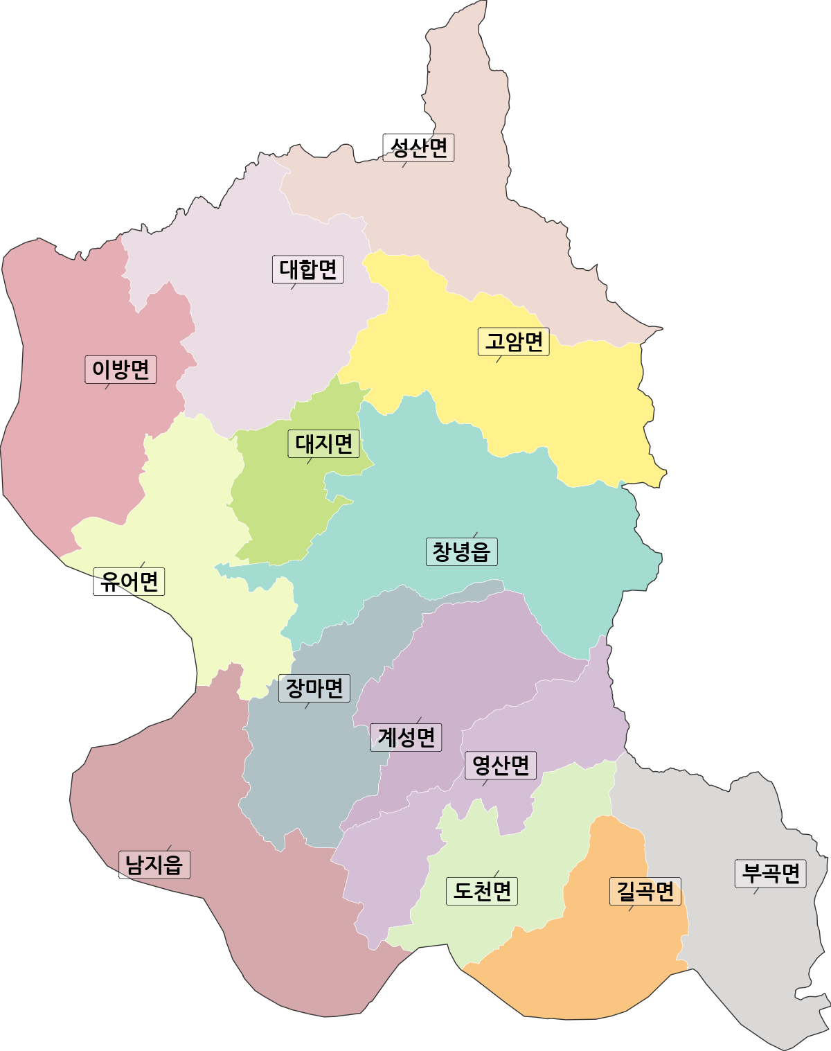 경상남도 창녕군 행정동 행정구역 경계 지도