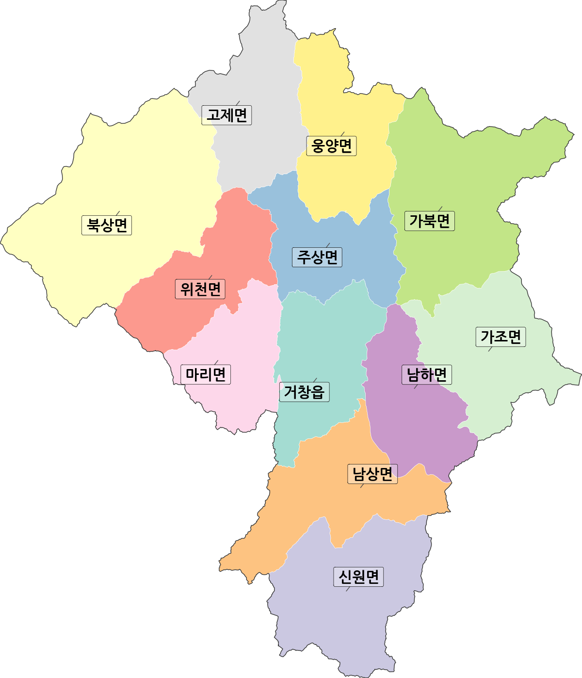 경상남도 거창군 법정동 행정구역 경계 지도