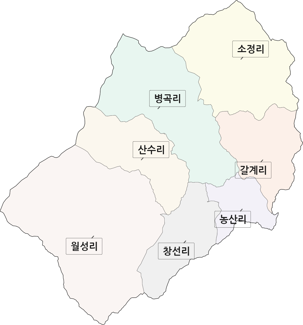 경상남도 거창군 북상면 법정동 리 구분 행정구역 경계 지도