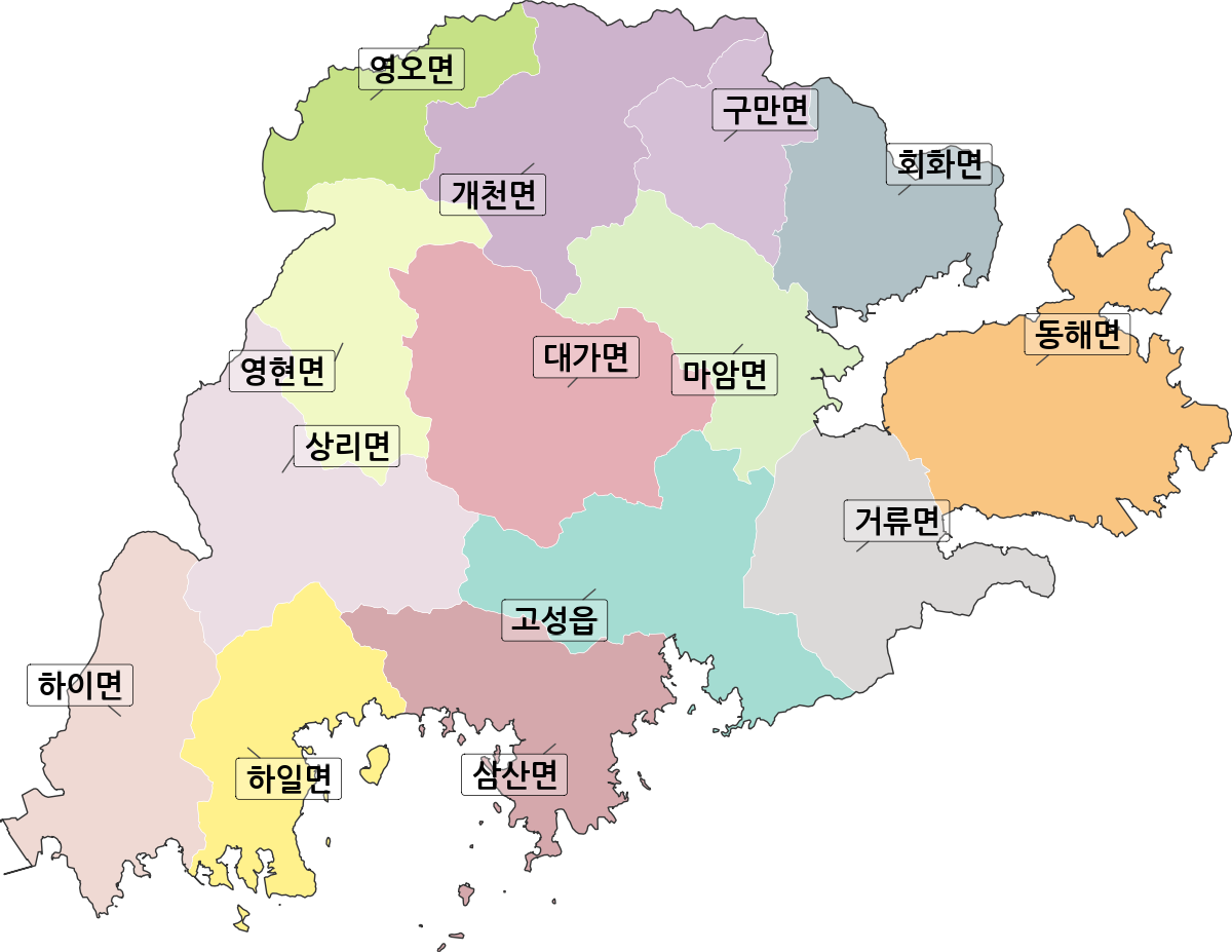 경상남도 고성군 행정동 행정구역 경계 지도